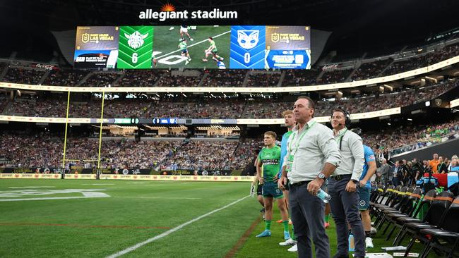 LAS VEGAS, NEVADA - MARCH 01: Ricky Stuart, head coach of the Raiders looks on during the round one NRL match between the Canberra Raiders and the New Zealand Warriors at Allegiant Stadium on March 01, 2025, in Las Vegas, Nevada. (Photo by Ezra Shaw/Getty Images)