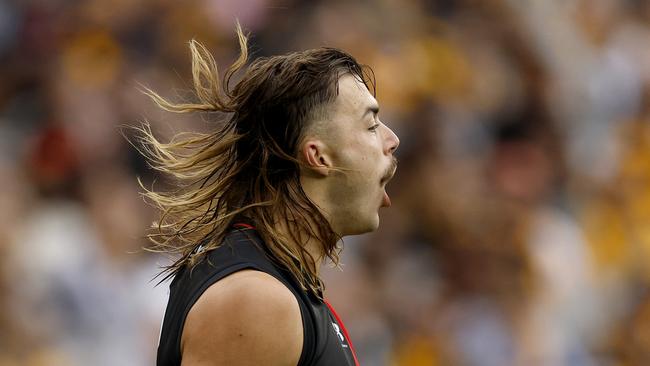 Sam Draper celebrated his goals in style. Picture: Jonathan DiMaggio/AFL Photos/via Getty Images