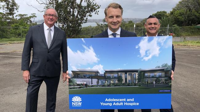 NSW Health Minister Brad Hazzard (left), State MP for Manly James Griffin (centre) and Deputy NSW Premier John Barilaro (right) at the old Manly Hospital site on North Head where a hospice for teenagers and young adults will be built. Picture: Jim O'Rourke