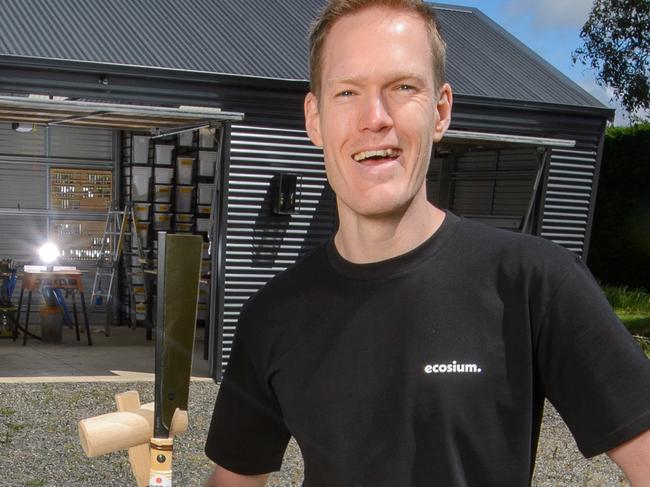 Luke Hopkins started a flat pack furniture business last month after doing some quick free online courses to gain digital skills he needed. Luke in the shed of the Tylden Property where he has set up his business, woking on his flat pack tables.Picture: Jay Town