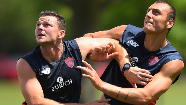 New Demons Steven May and Preuss were straight into it on Monday. Pic: Getty Images