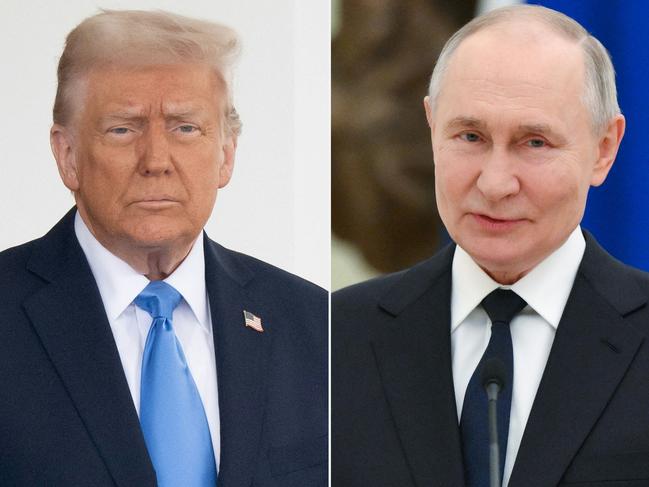 (COMBO) This combination of pictures created on February 12, 2025 shows US President Donald Trump in Washington, DC, February 11, 2025 and Russia's President Vladimir Putin in Moscow on February 6, 2025.. Russian President Vladimir Putin told his US counterpart Donald Trump in a phone call on February 12, 2025, that "peaceful negotiations" on ending the Ukraine conflict were possible, the Kremlin said. (Photo by SAUL LOEB and Kristina Kormilitsyna / various sources / AFP)