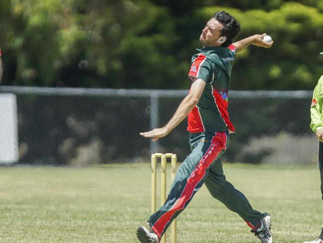 MPCA cricket: Pines v Moorooduc. Pat Jackson bowling for Pines. Picture: Valeriu Campan