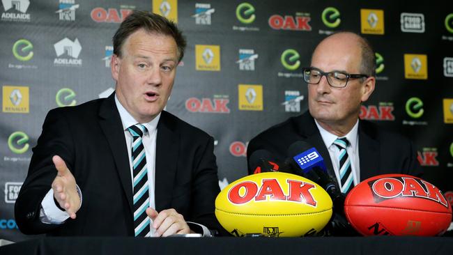 Port Adelaide chief executive Keith Thomas and chairman David Koch at Alberton Oval. Picture: Dylan Coker.