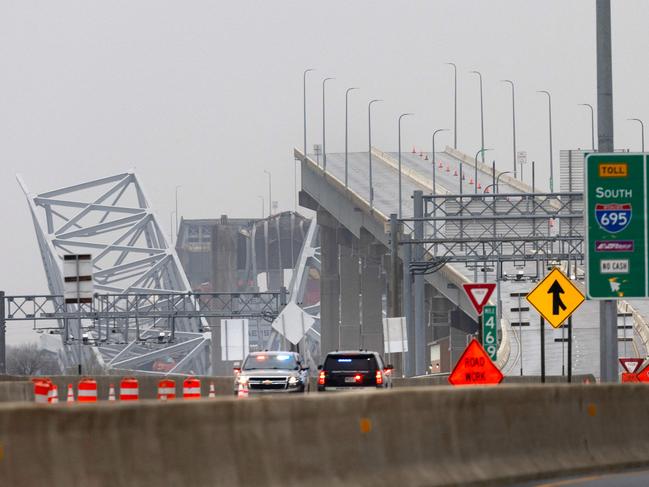 Police block off the approach of the collapsed Francis Scott Key Bridge in Baltimore, Maryland. Picture: Getty Images via AFP