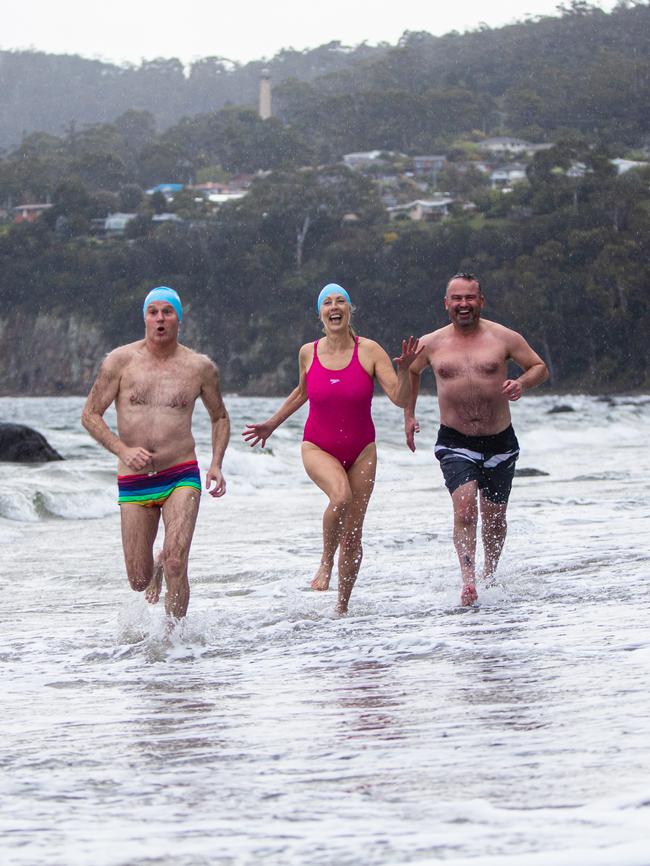 Cold water swimmers David Bartlett, Kate Tanner, and Stuart Tanner. Picture: Linda Higginson