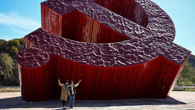 A giant hammer-and-sickle symbol takes pride of place in northwestern Yan’an City on the first day of the Congress. Picture: AFP