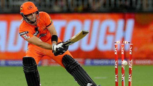 Perth’s Liam Livingstone is bowled against Hobart. Picture: AAP Images