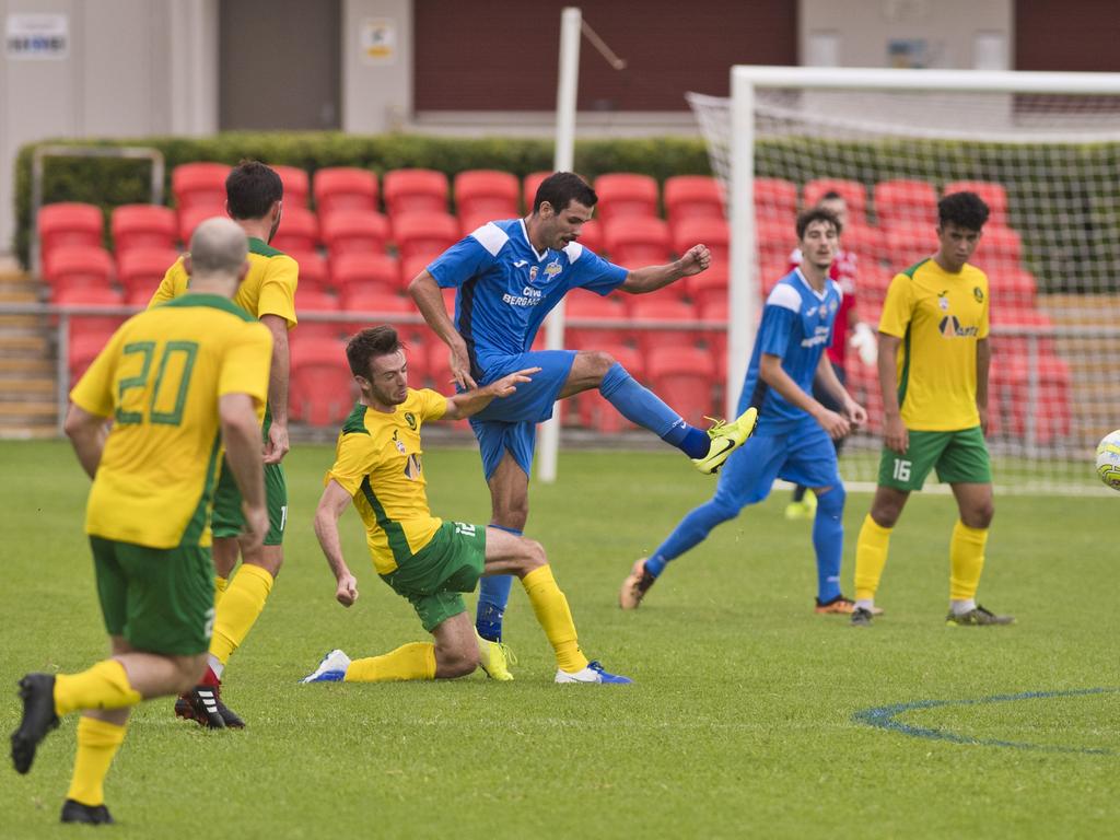 Callum Hart of South West Queensland Thunder against Rochedale Rovers in FQPL men round one football at Clive Berghofer Stadium, Sunday, February 23, 2020. Picture: Kevin Farmer