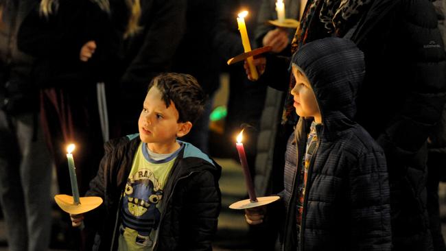 People gather for a vigil at Cowes for murdered woman Samantha Fraser. Picture: Andrew Henshaw