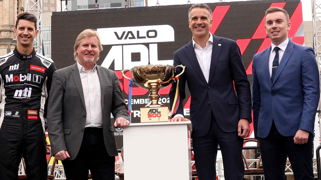 Mr Hickmann, (right) with from left: V8 driver Nick Percat, Motor Sport Board chief executive Mark Warren and Premier Peter Malinauskas at the Adelaide 500’s official launch in Victoria Square in 2022. Mr Warren declined to comment about any naming rights negotiations Picture: NCA NewsWire / Kelly Barnes