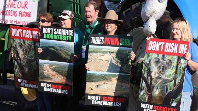 Farmers rallying against the Moah Creek Wind Farm outside the The Courier-Mail Bush Summit, Rockhampton. Picture: Liam Kidston