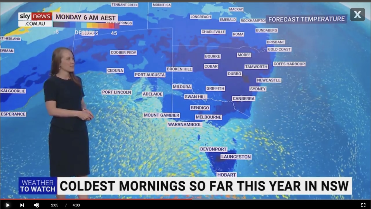 Temperatures will be coldest in Tasmania and the ACT. Picture: Sky News.