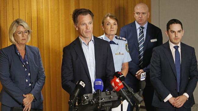 From left: NSW Police Minister Yasmin Catley, Premier Chris Minns, Police Commissioner Karen Webb, assistant Commissioner Peter McKenna and NSW Jewish Board of Deputies David Ossip president on Friday. Picture: John Appleyard