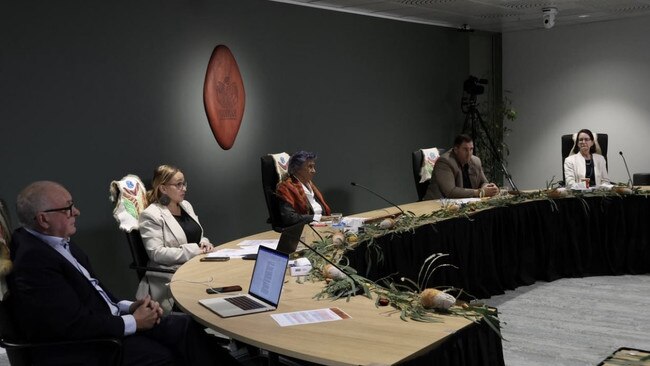 Commission members Kevin Bell AM KC, Sue-Anne Hunter, Professor Eleanor Bourke AM, Travis Lovett and Professor Maggie Walter. Picture: Brianna Young/Yoorrook Justice Commission