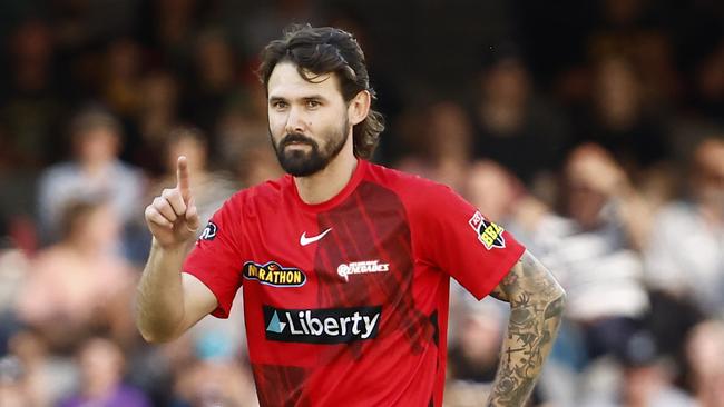 MELBOURNE, AUSTRALIA - JANUARY 07: Kane Richardson of the Renegades celebrates the wicket of Zak Crawley of the Hurricanes during the Men's Big Bash League match between the Melbourne Renegades and the Hobart Hurricanes at Marvel Stadium, on January 07, 2023, in Melbourne, Australia. (Photo by Darrian Traynor/Getty Images)