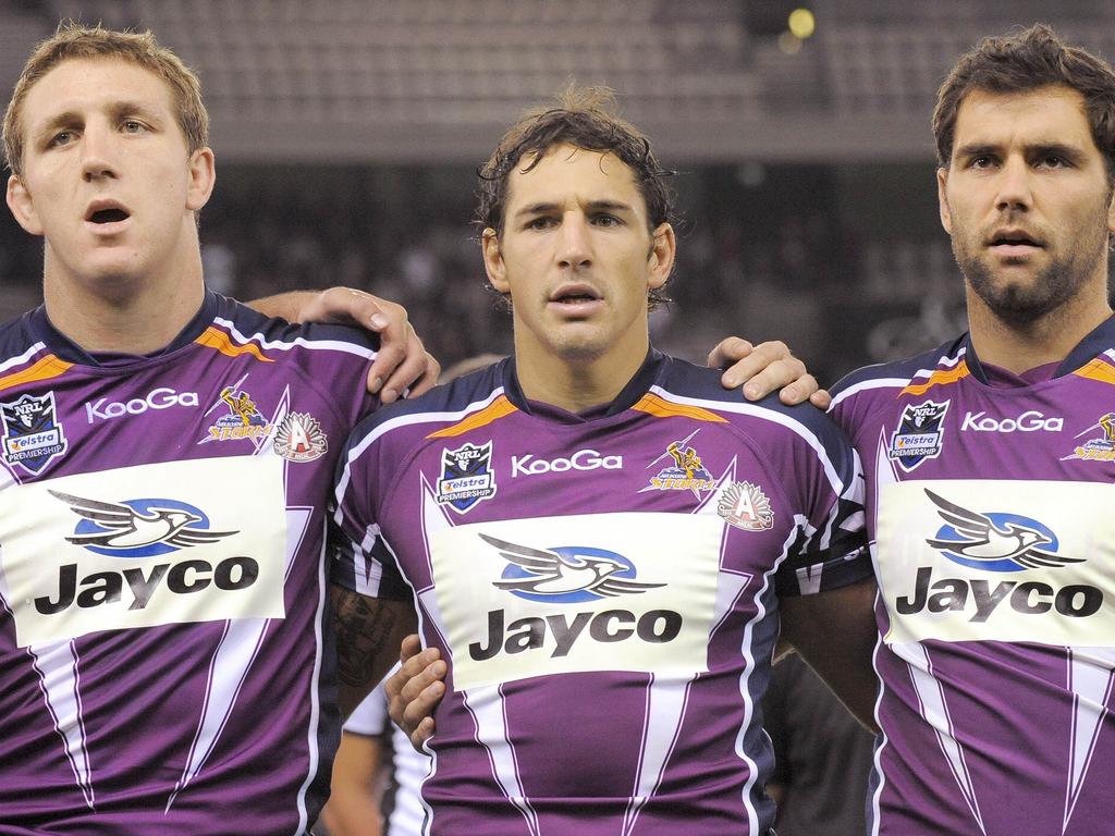 Ryan Hoffman, Billy Slater and Melbourne Storm captain Cameron Smith in 2010.