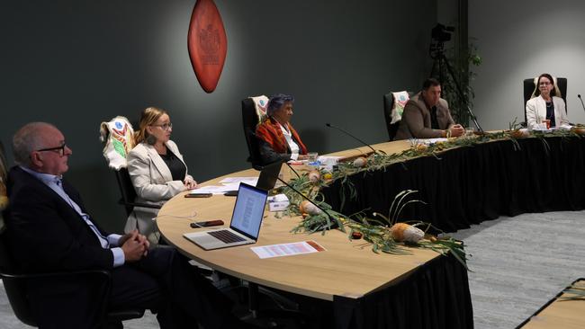 Yoorrook Justice Commission members, Kevin Bell AM KC, Sue-Anne Hunter, Professor Eleanor Bourke AM, Travis Lovett and Professor Maggie Walter. Picture: Brianna Young