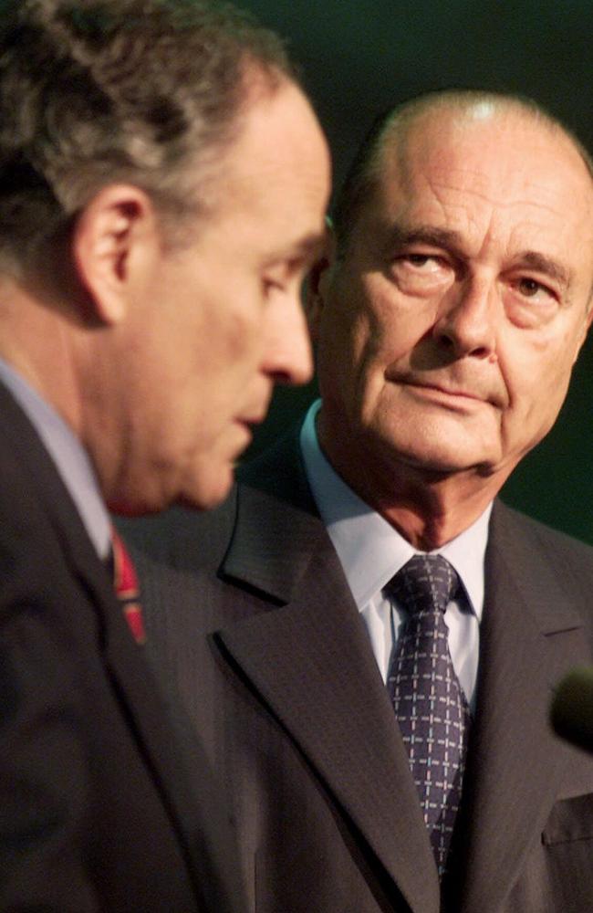 Giuliani with French President Jacques Chirac in New York in 2001 after the 9/11 terror attacks. Picture: Julia Gaines/AP