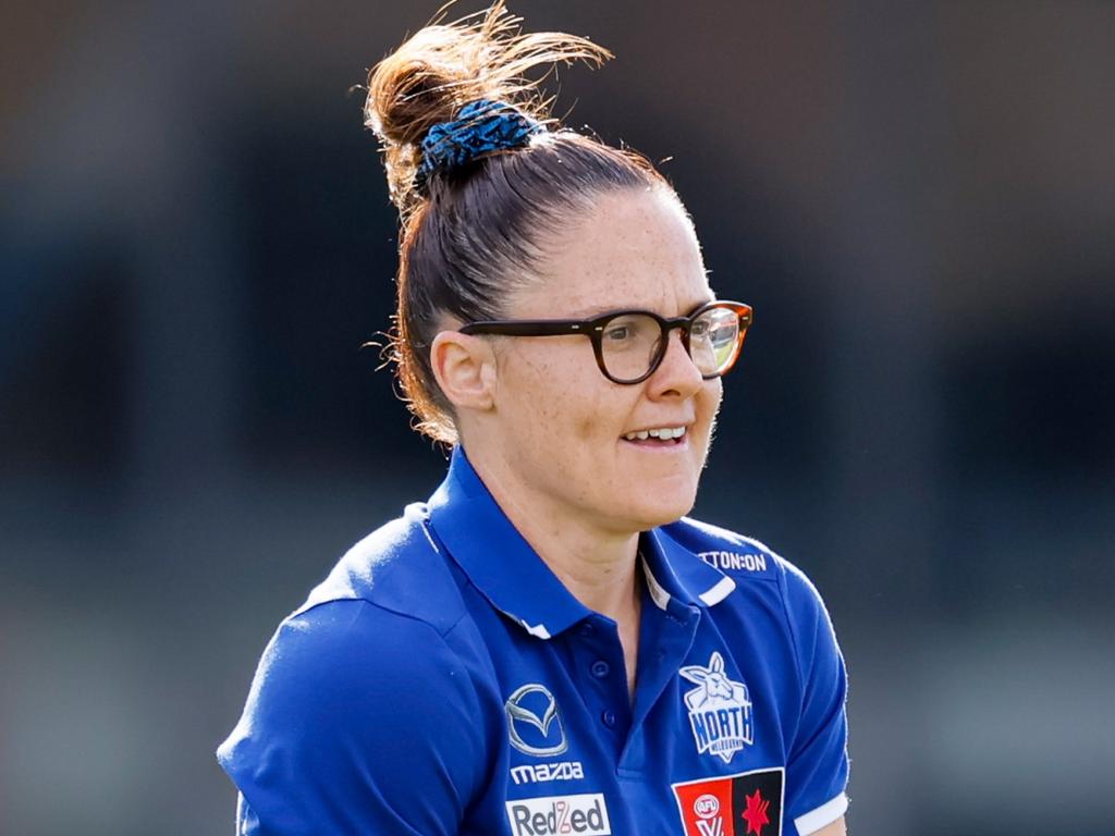 MELBOURNE, AUSTRALIA – NOVEMBER 08: Emma Kearney, Captain of the Kangaroos is seen before the 2024 AFLW First Qualifying Final match between the North Melbourne Tasmanian Kangaroos and the Adelaide Crows at IKON Park on November 08, 2024 in Melbourne, Australia. (Photo by Dylan Burns/AFL Photos via Getty Images)