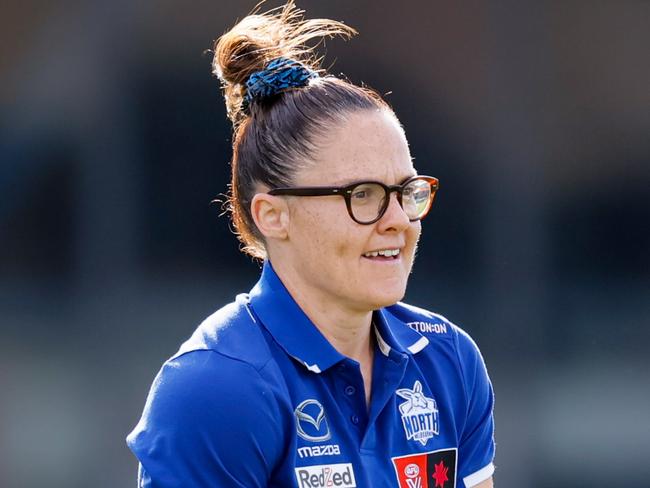 MELBOURNE, AUSTRALIA – NOVEMBER 08: Emma Kearney, Captain of the Kangaroos is seen before the 2024 AFLW First Qualifying Final match between the North Melbourne Tasmanian Kangaroos and the Adelaide Crows at IKON Park on November 08, 2024 in Melbourne, Australia. (Photo by Dylan Burns/AFL Photos via Getty Images)