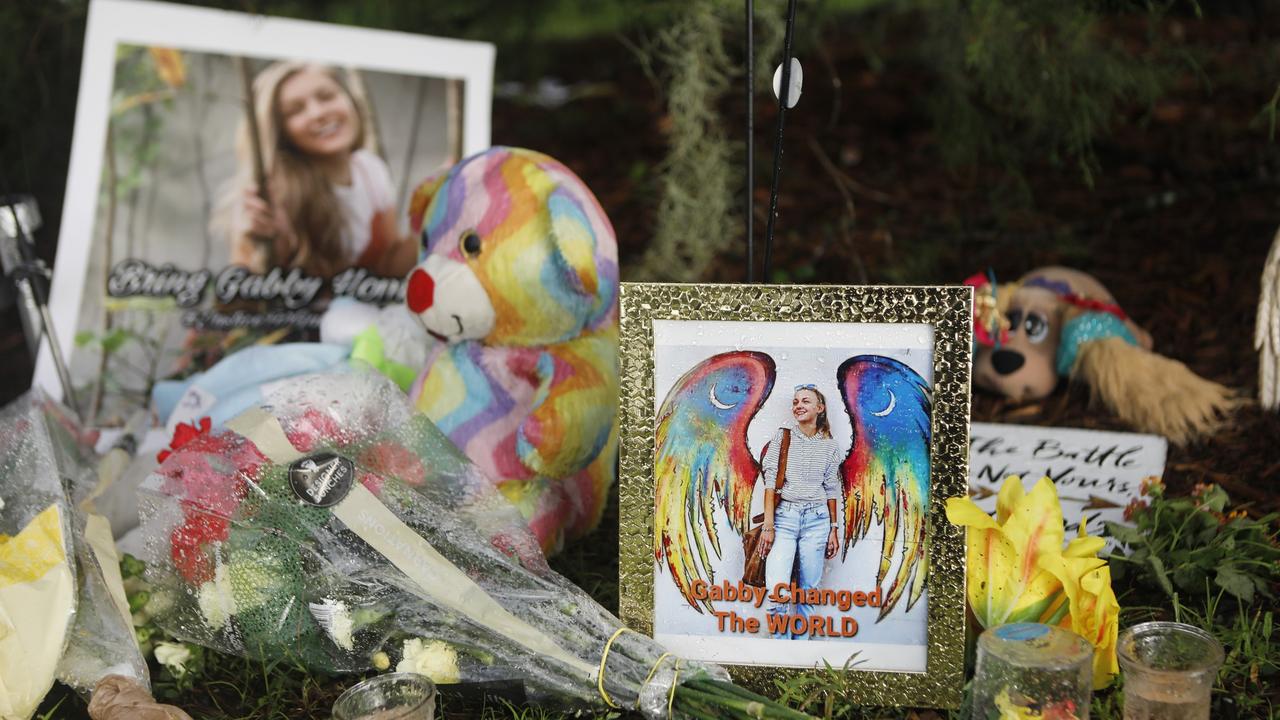 A makeshift memorial dedicated to Gabby Petito in North Port, Florida where Brian Laundrie’s parents live. Picture: Octavio Jones/Getty Images/AFP