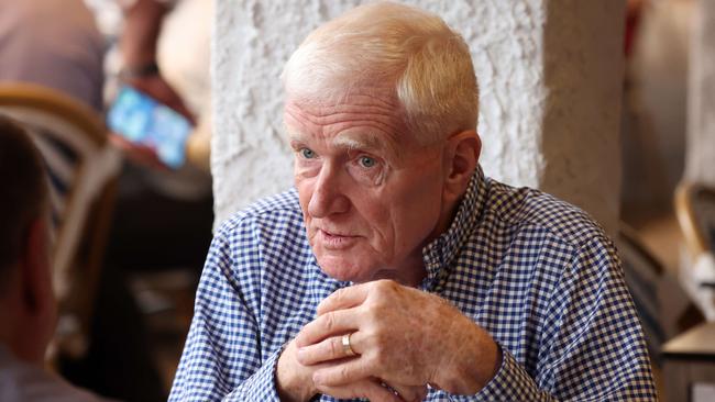 Newly retired Terry O’Gorman speaks to Michael Madigan over lunch at Brisbane’s Breakfast Creek Hotel. Picture: Liam Kidston