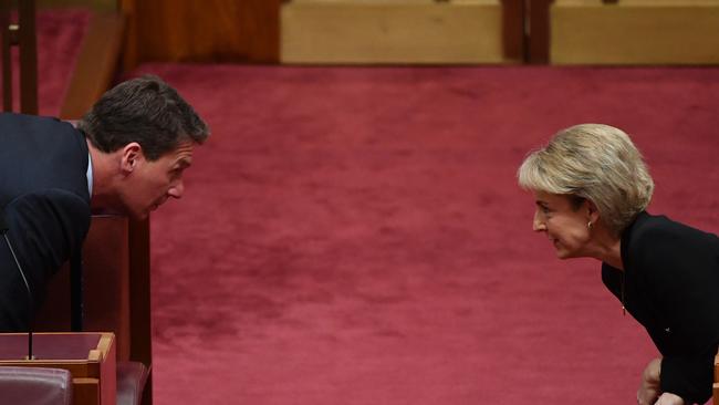 Australian Conservatives Senator Cory Bernardi and former minister for jobs Michaelia Cash swap info during Senate Question Time on Thursday.