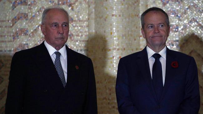 Opposition Leader Bill Shorten and former Prime Minister Paul Keating at the Remembrance Day service at the Australian War Memorial in Canberra, to commemorate the centenary of the Armistice that ended the First World War, one hundred years ago on 11 November 1918. Thousands turned out to pay their respects at the Australian War Memorial in Canberra.Almost 62,000 Australians died fighting for our freedom and in service of our nation. Picture Gary Ramage