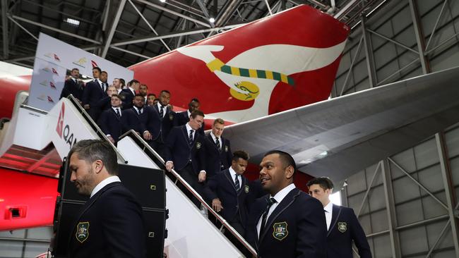 The Wallabies’ 2019 World Cup squad reveal inside Qantas Hangar 96 at Sydney Airport. Picture: Brett Costello