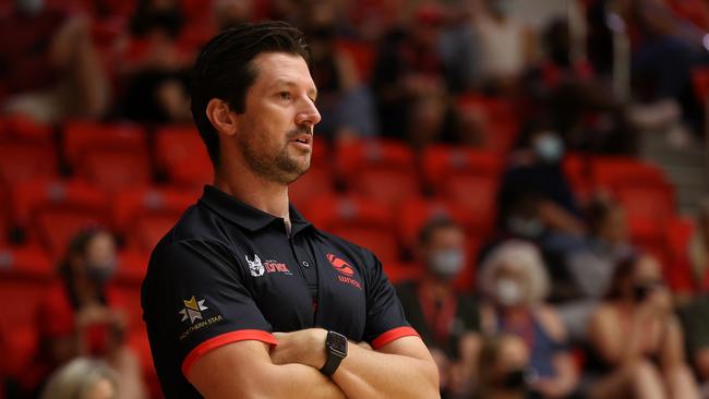 Ryan Petrik, head coach of the Lynx looks on during the round 14 WNBL match between the Perth Lynx and Adelaide Lightning at Bendat Basketball Stadium, on March 09, 2022, in Perth, Australia. (Photo by Paul Kane/Getty Images)