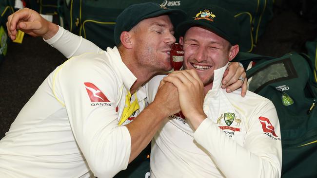 David Warner and Cameron Bancroft celebrate regaining the Ashes.