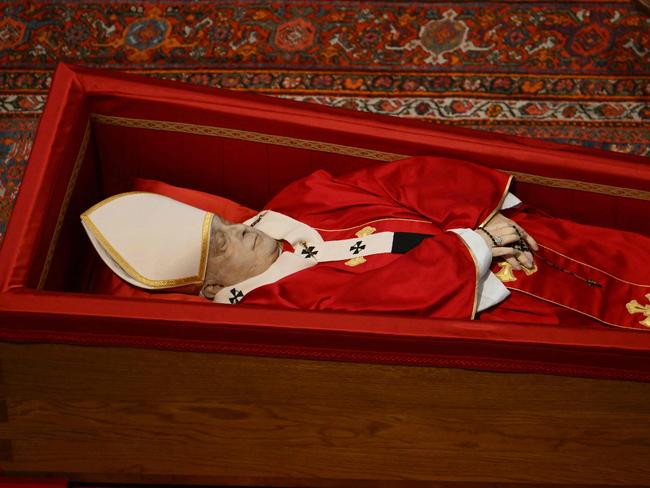 The late Pope Francis as he lies in state in a coffin at St Peter's Basilica in The Vatican. Picture: AFP