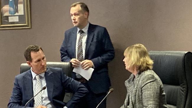 Dubbo mayor Ben Shields (centre) with council’s environmental and development director Stephen Wallace and liveability director Skye Price after cancelling the extraordinary meeting. Picture: Ryan Young