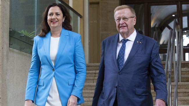 Qld Premier Annastacia Palaszczuk and President of the Australian Olympic Committee John Coates arrive to speak to the media during a press conference. (Photo by Jono Searle/Getty Images)