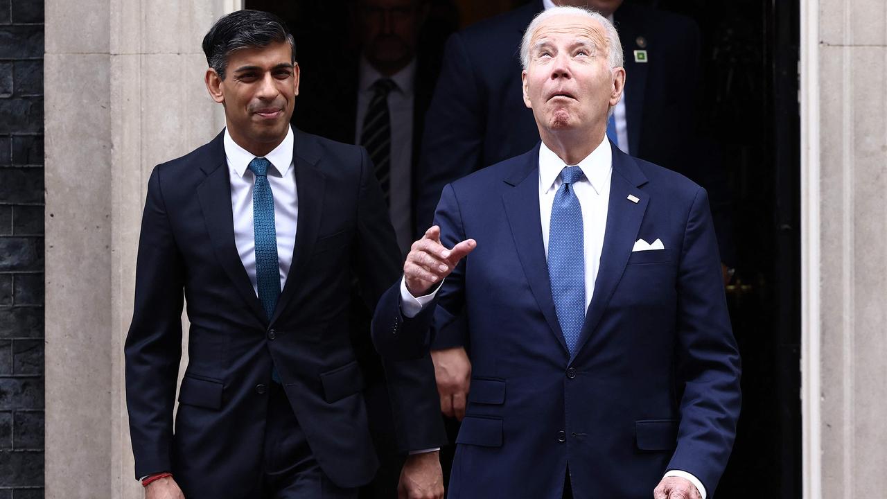 US president Joe Biden reacts exits 10 Downing Street with Britain's Prime Minister Rishi Sunak, following their meeting in central London. Picture: AFP