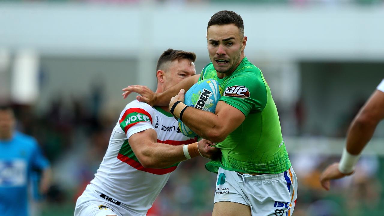 PERTH, AUSTRALIA - FEBRUARY 15: Harley Smith-Shields of the Raiders tries to escape the tackle from Damien Cook of the Rabbitohs during the match between the Rabbitohs and Raiders from Day 2 of the 2020 NRL Nines at HBF Stadium on February 15, 2020 in Perth, Australia. (Photo by James Worsfold/Getty Images)