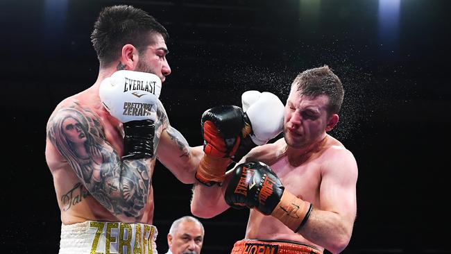 Michael Zerafa lands a left during his upset victory over Jeff Horn in Bendigo. Picture: Getty Images