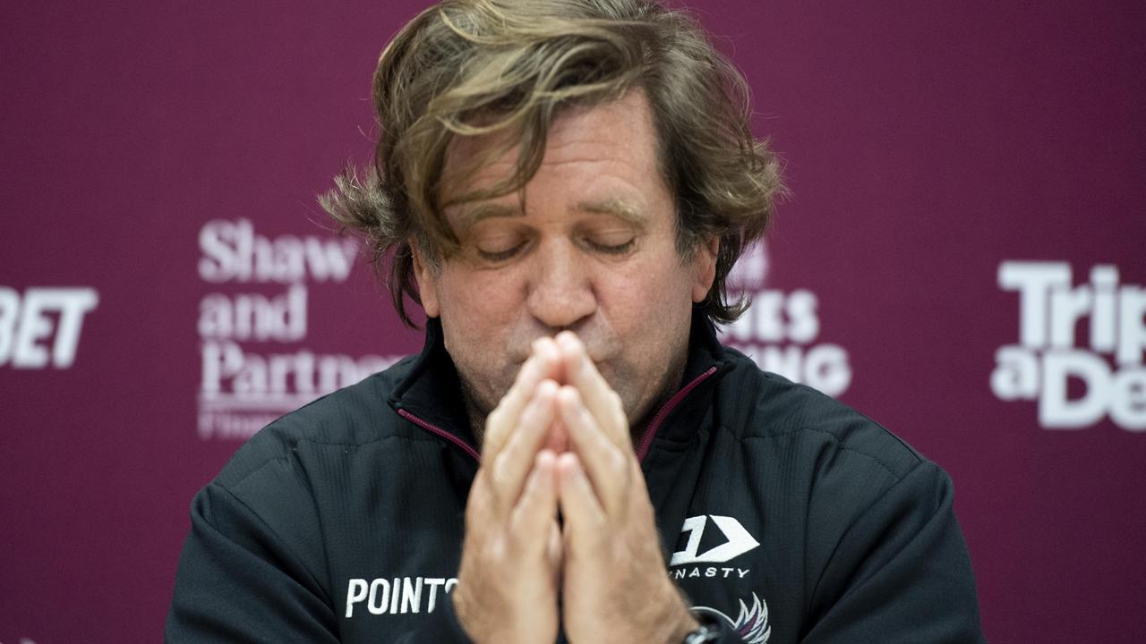 Coach Des Hasler pictured speaking at a press conference. Picture: Daily Telegraph / Monique Harmer