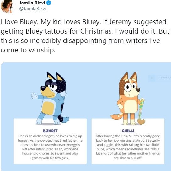 Children's TV show Bluey has been criticised for the following graphic of Bandit and Chilli. Original tweet from Jamila Rizvi. Picture: Supplied