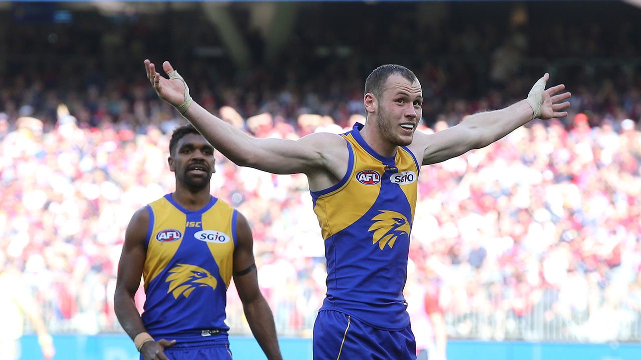 Venables celebrates a goal in the preliminary final against the Demons in 2018. Picture: Michael Klein