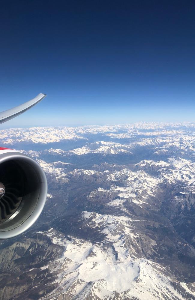 The Virgin Australia jet flies over the French Alps. Picture: Virgin Australia