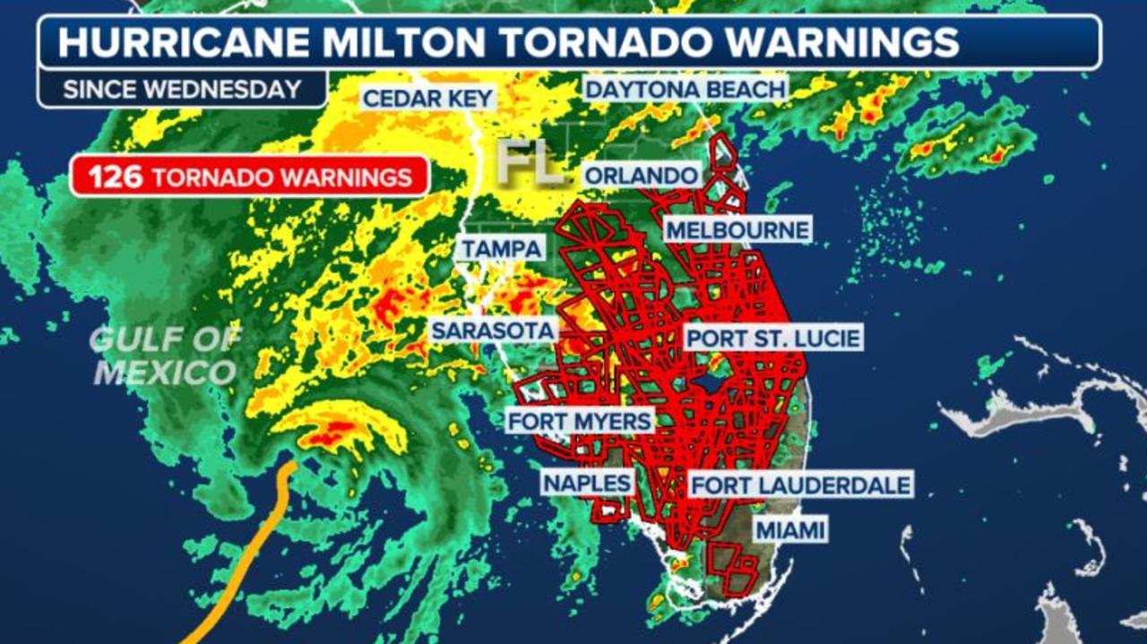 Hurricane Milton led to 125 torando warnings - a huge number. The warming areas can be seen in red, above. Picture: Fox Weather.