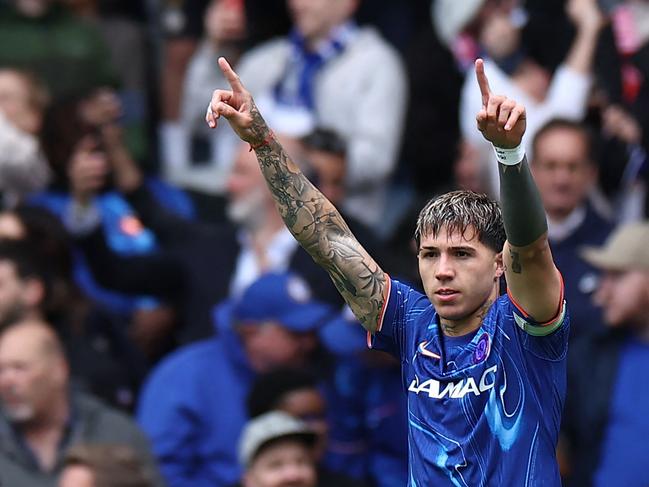 Enzo Fernandez celebrates scoring the opening goal for Chelsea against Liverpool.