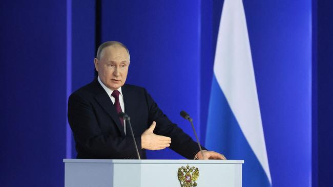 Russian President Vladimir Putin delivers his annual state of the nation address in central Moscow. Picture: SPUTNIK / AFP.