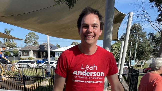 Labor candidate Giacomo Arnott at a polling booth in Fern Bay on Saturday 14th September. Picture: Amy Ziniak