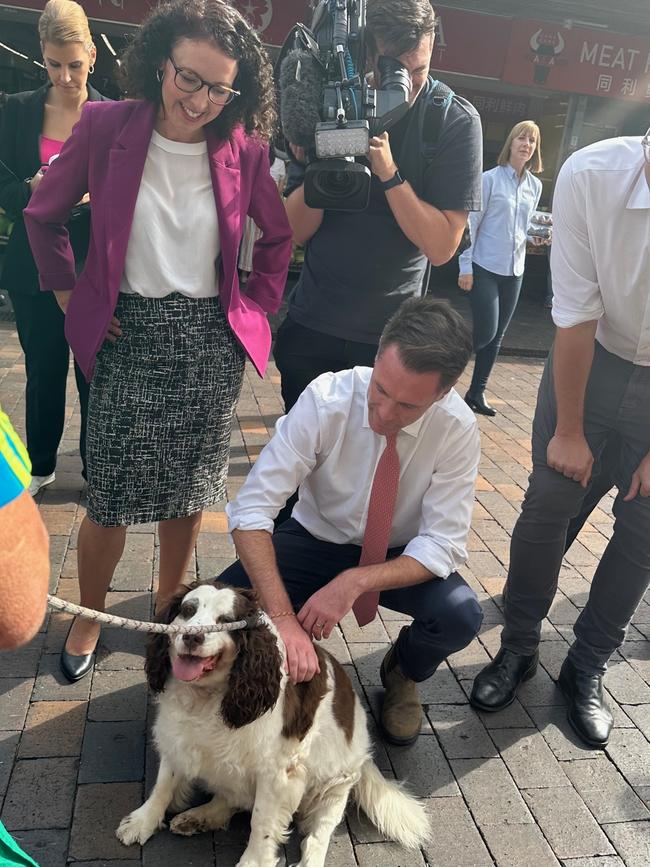 Mr Minns and Labor’s candidate for Ryde Lyndal Howison spoke to voters in Eastwood, which is in the Liberal-held electorate of Ryde. Picture: NewsWire