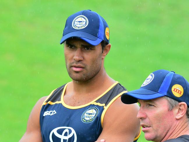 North Queensland Cowboys training at 1300 Smiles Stadium. Justin O'Neill with coach Paul Green. Picture: Evan Morgan