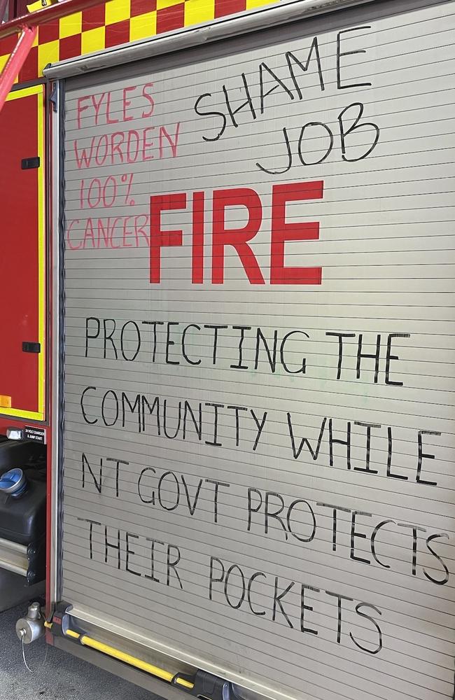 NT Firefighters have been writing slogans on their firetrucks as part of a protected industrial action during ongoing EBA negotiations. Picture: Supplied