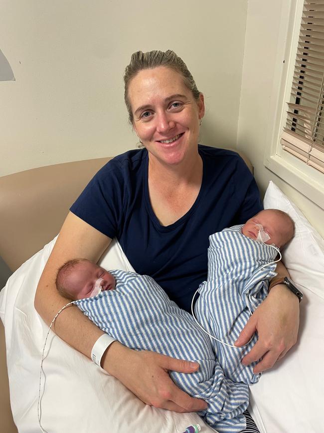 Angela Haugland with twins Hannah & Florence Haugland born January 2023 at the Hobart Private Hospital. Picture: Supplied